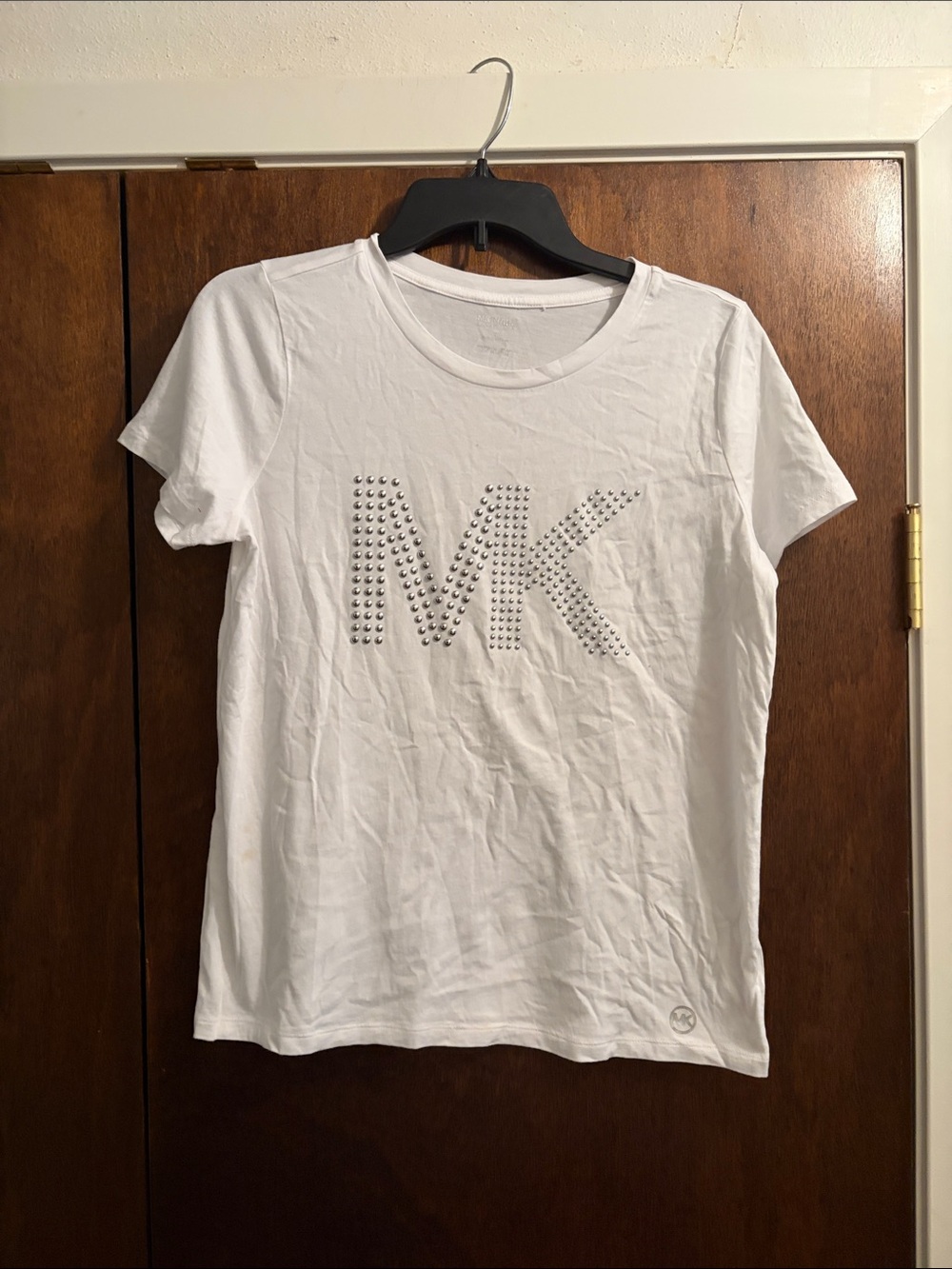 Michael Kors White Short Sleeve Tee with Studded MK Emblem
